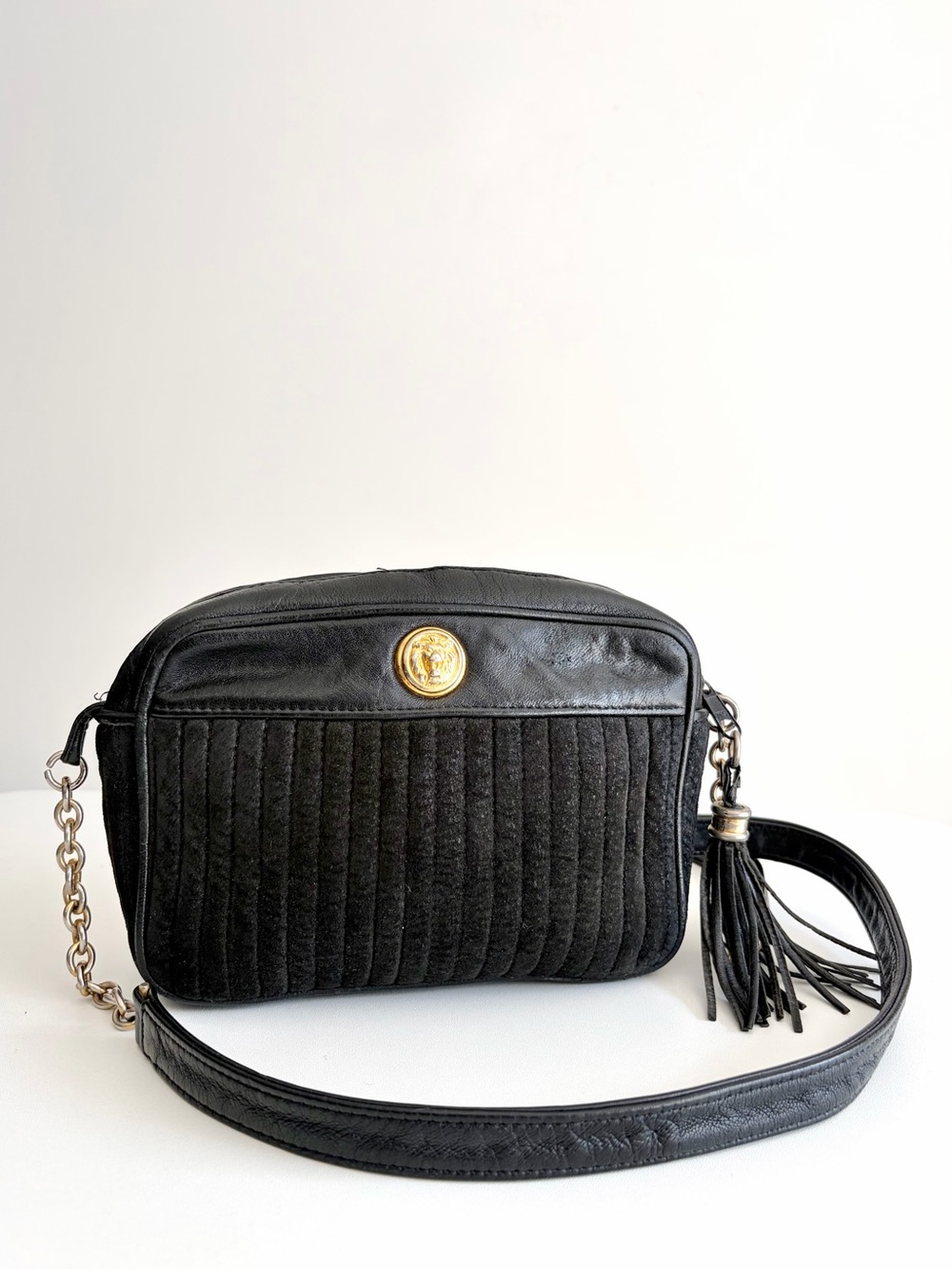 Vintage Anne Klein Suede Leather Lion Tassel Crossbody Bag
